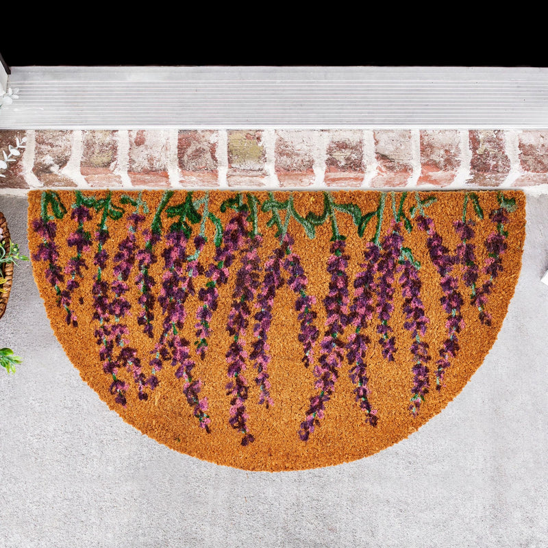 Natural Coco Coir Lavender Flower Door Mat 17 x 30 Inches for Front Door, Half Round Outdoor Mat for Spring Decor