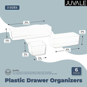 6 Piece Set Clear Plastic Drawer Organizers for Desk, Office, Acrylic Storage Containers in 3 Assorted Sizes