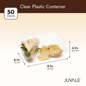 50 Pack Clear Disposable Food Containers with Hinged Lids, 9x6x4 Inch Plastic Take Out Boxes