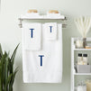 3 Piece Letter T Monogrammed Bath Towels Set, White Cotton Bath Towel, Hand Towel, and Washcloth with Blue Embroidered Initial T for Wedding Gift, Bridal Shower