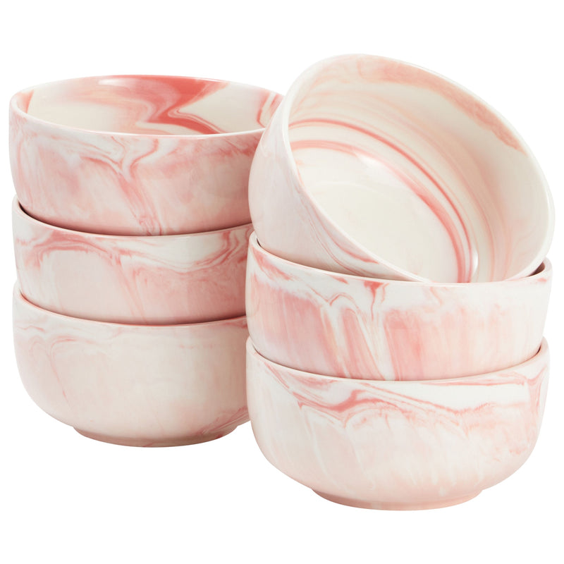 Set of 6 Porcelain Pasta Bowls, Pink Marble Design Dinnerware for Salad and Soup (6 x 3 In, 28 oz)