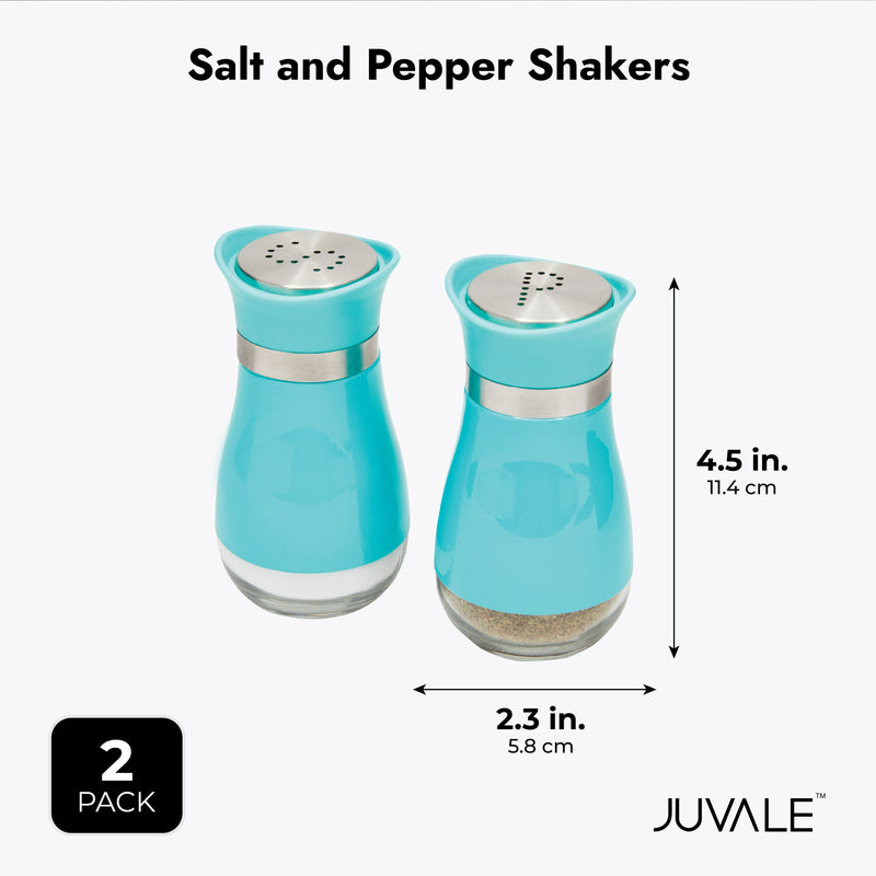 Stainless Steel Teal Salt and Pepper Shakers Set with Glass Bottom, Screw-Off Caps, Perforated "S" and "P" Designs for Kitchen (4oz)