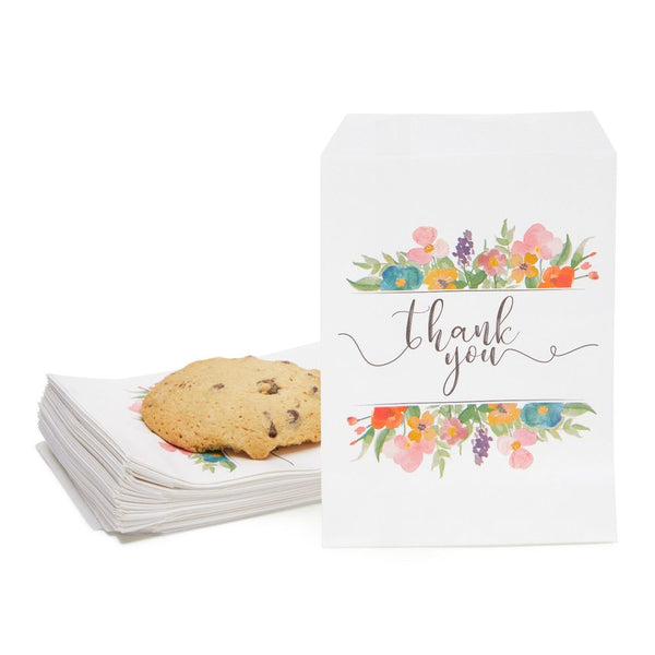 Cookie Treat Gift Bags, Floral Thank You Greaseproof Design (5 x 7.5 In, 100 Pack)