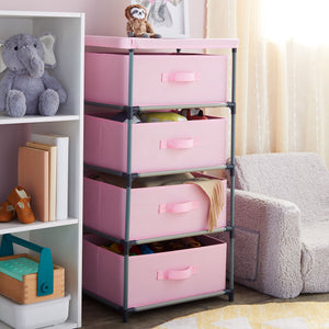 4-Tier Tall Closet Dresser with Drawers - Clothes Organizer and Small Fabric Storage for Bedroom (Pink)