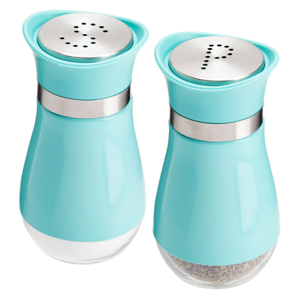 Stainless Steel Teal Salt and Pepper Shakers Set with Glass Bottom, Screw-Off Caps, Perforated "S" and "P" Designs for Kitchen (4oz)