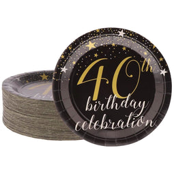 Paper Plates with Gold Stars Design for 40th Birthday Party (Black, 9 In, 80 Count)