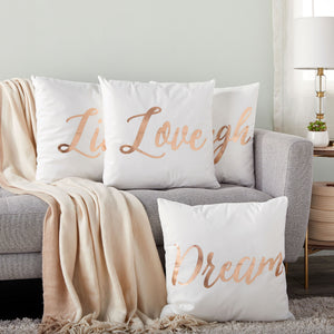 Set of 4 Rose Gold Throw Pillow Covers, Live Laugh Love Dream Decorative Cases for Home Decor, Living Room (20x20 In)