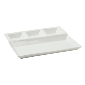 4 Pack White Ceramic Divided Plates with Sauce Compartments - Porcelain Serving Tray for Appetizers, Dumplings, Fondue (10.25x8.6 in)