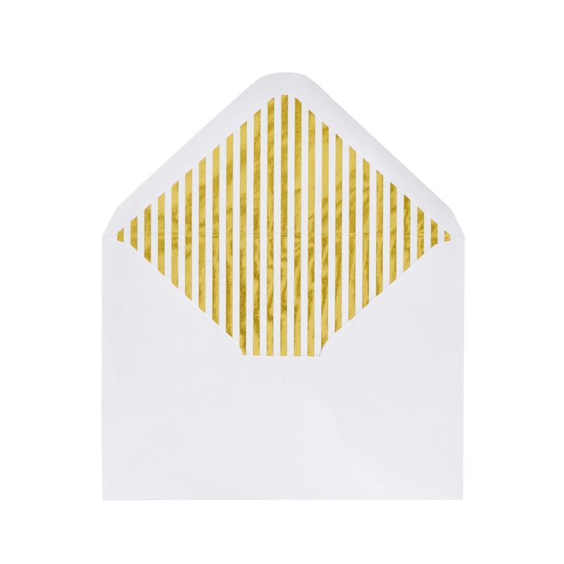 A7 Luxurious Envelope - 50-Pack Invitation Envelopes with Lined Gold Foil Stripes, 5x7 Gummed Seal V-Flap Invite Envelope for Wedding, Graduation, Birthday, 120gsm, 5.25x7.25 inches, White