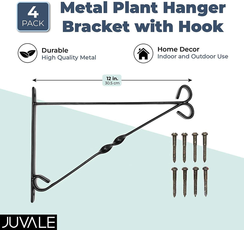 Metal Wall Mounted Plant Hook for Hanging Garden Planters (12 in, 4 Pack)