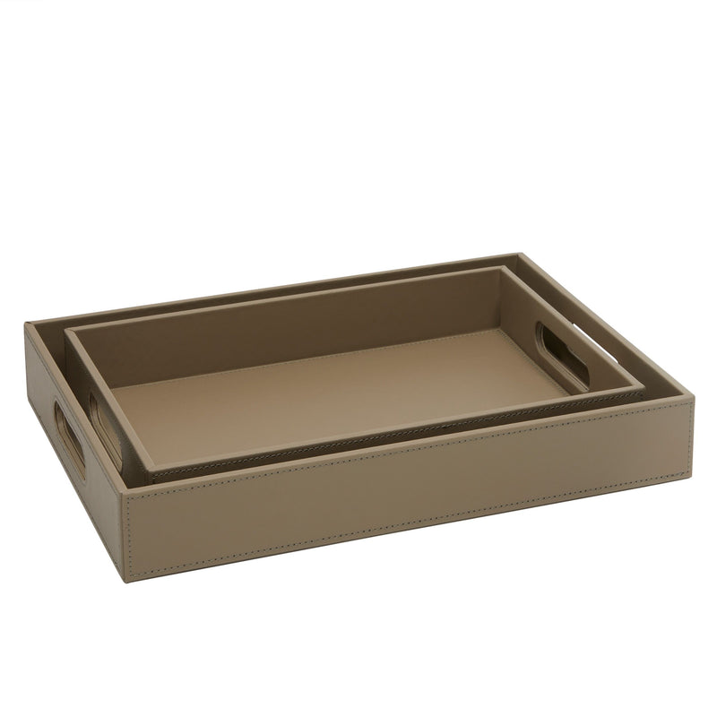 2-Pack Wooden Nesting Serving Tray Set with Stitched Faux Leather Skin and 2 Handles, Slip-Resistant Breakfast Service Tray in 2 Sizes (13.8x9.9x2.3 and 15.8x12x2.5 in, Taupe)