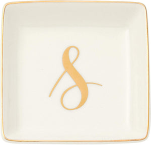 Letter S Ceramic Trinket Tray, Monogram Initials Jewelry Dish (4 x 4 Inches)