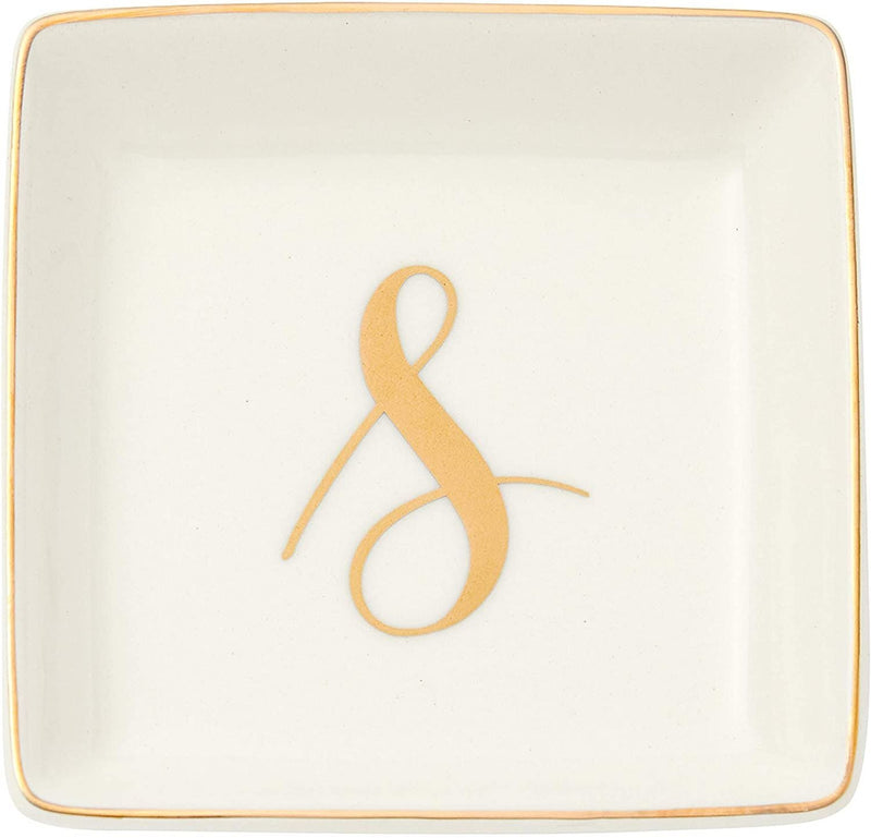 Letter S Ceramic Trinket Tray, Monogram Initials Jewelry Dish (4 x 4 Inches)