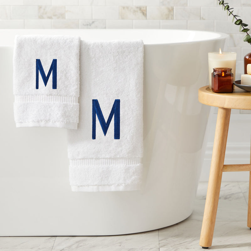 3 Piece Letter M Monogrammed Bath Towels Set, White Cotton Bath Towel, Hand Towel, and Washcloth with Blue Embroidered Initial M for Wedding Gift, Bridal Shower