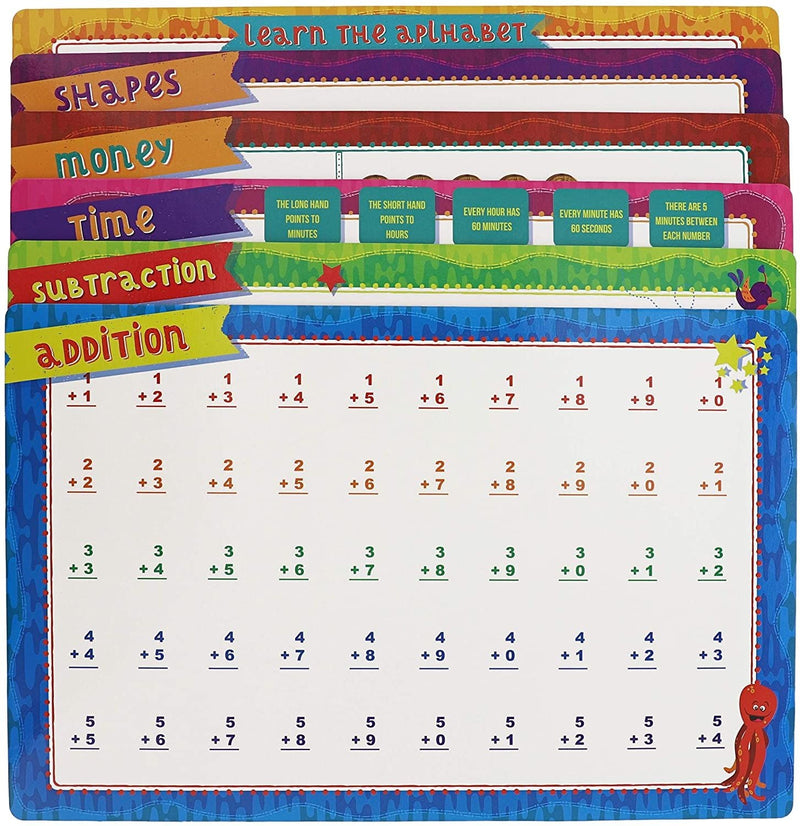 Juvale 6-Pack Double Sided Dry Erase Learning Mats - Math, Time, Money, Shapes, 17 x 11 inches