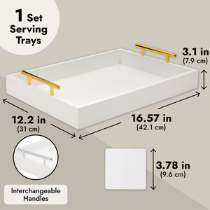 White Serving Tray for Coffee Table, 16x12" with Coasters and Decorative Interchangeable Gold and Silver Handles