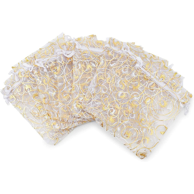 Gold Foil Organza Drawstring Gift Bag Pouch, Eyelash Design (3.5 x 4.75 in, 120 Pack)