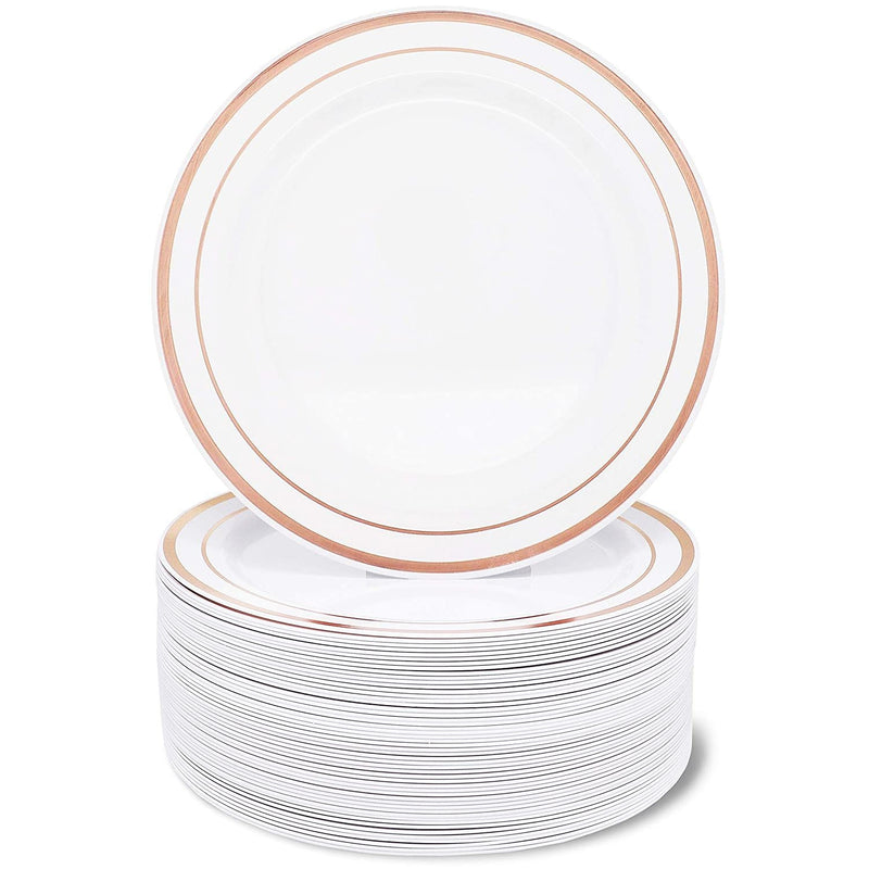 50 Pack of White Plastic Appetizer or Dessert Plates with Rose Gold Rim (7.5 In)