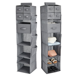 2-Pack 7-Shelf Hanging Closet Organizer with 5 Drawers, 4 Shelves, and 4 Side Pockets, Foldable Non-Woven Cloth Storage for Bedroom and Hallway Closets (11.8x11.8x51 in, Gray)