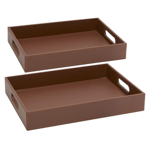 2-Pack Wooden Nesting Serving Tray Set with Stitched Faux Leather Skin and 2 Handles, Slip-Resistant Breakfast Service Tray in 2 Sizes (13.8x9.9x2.3 and 15.8x12x2.5 in, Brown)