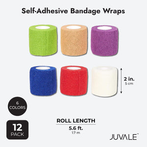 Self Adhesive Bandage Wrap, Cohesive Tape in 6 Colors (2 In x 6 Ft, 12 Pack)