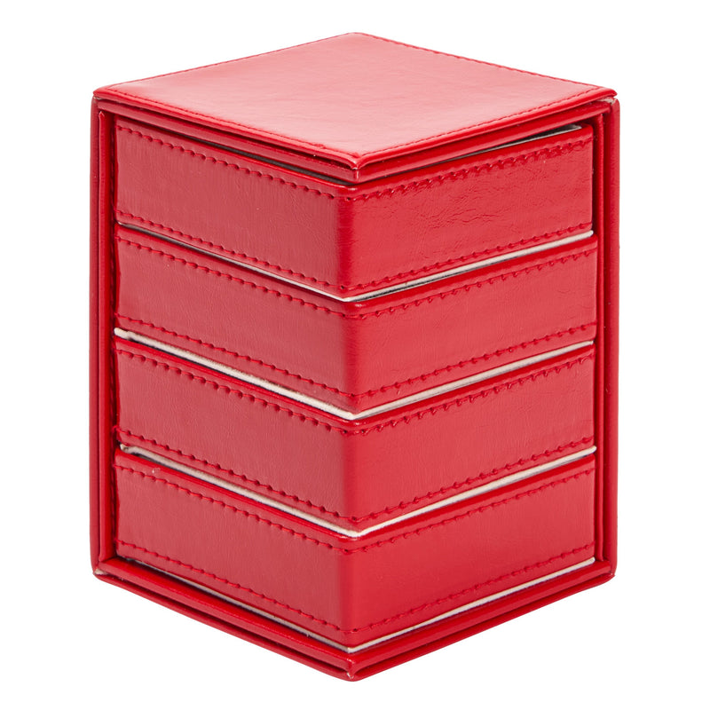 4 Layer Rotating Jewelry Organizer for Men, Women, Small Faux Leather Box for Necklaces, Rings, Earring, Bracelets (Red, 4 x 5 In)