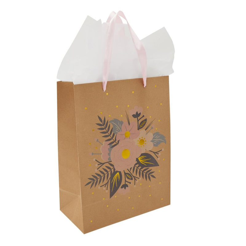 Floral Bridesmaid Gift Bags with Tissue Paper for Wedding, Bridal Shower (12 Pack)