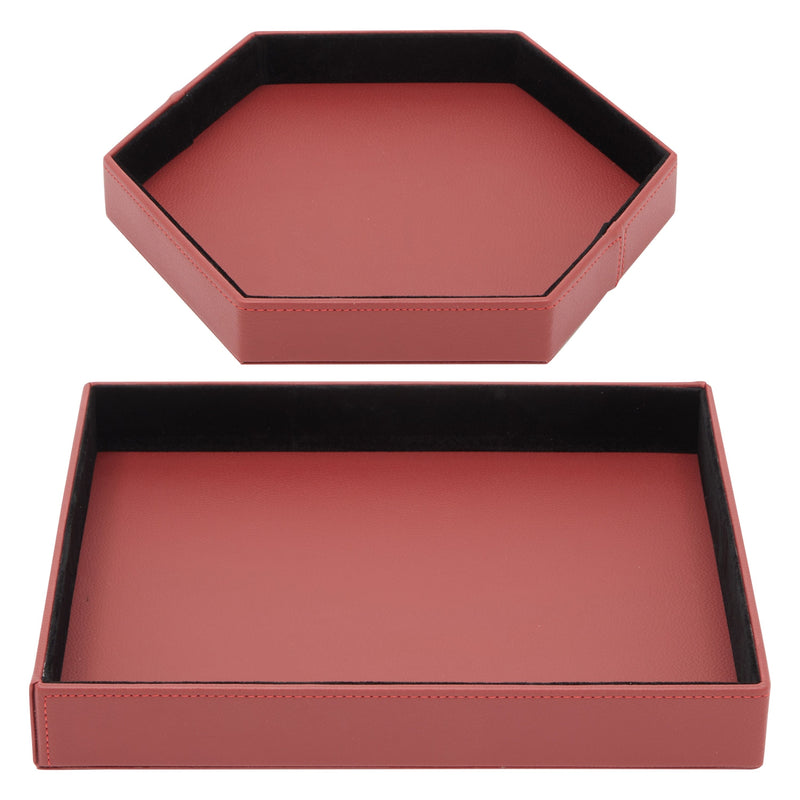Set of 2 Faux Leather Valet Tray for Men, Customizable Catch All Trays for Keys, Wallet, Watch, Nightstand Drawer Organizer, Key Tray for Entryway Table (2 Shapes, Red)