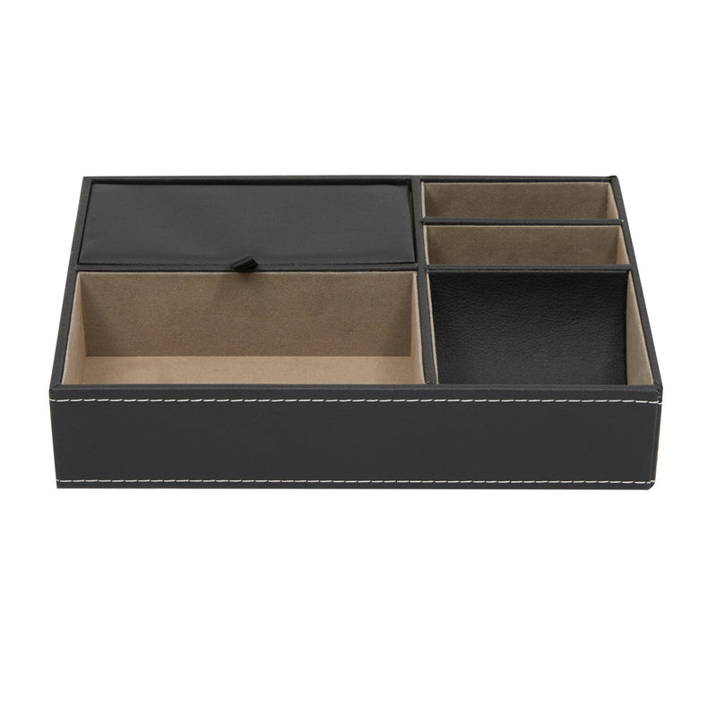 Black Valet Tray for Men, 5 Compartments for Wallet, Phone, Keys (Faux Leather, 10 x 7.3 x 2 In)