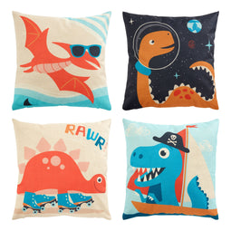 4 Pack Dinosaur Decorative Kids Throw Pillow Cover, 4 Dinosaur Designs, T-Rex Themed, Pterodactyl, Triceratops, Brachiosaurus (18 x 18 in)