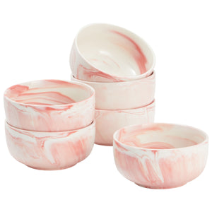 Set of 6 Porcelain Pasta Bowls, Pink Marble Design Dinnerware for Salad and Soup (6 x 3 In, 28 oz)