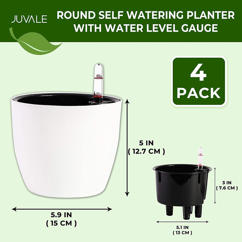Self Watering Planter with Water Level Indicator (White, 5 in, 4 Pack)