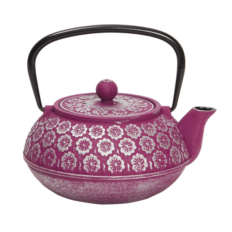 Purple Floral Cast Iron Teapot Kettle with Stainless Steel Loose Leaf Infuser (34 oz)