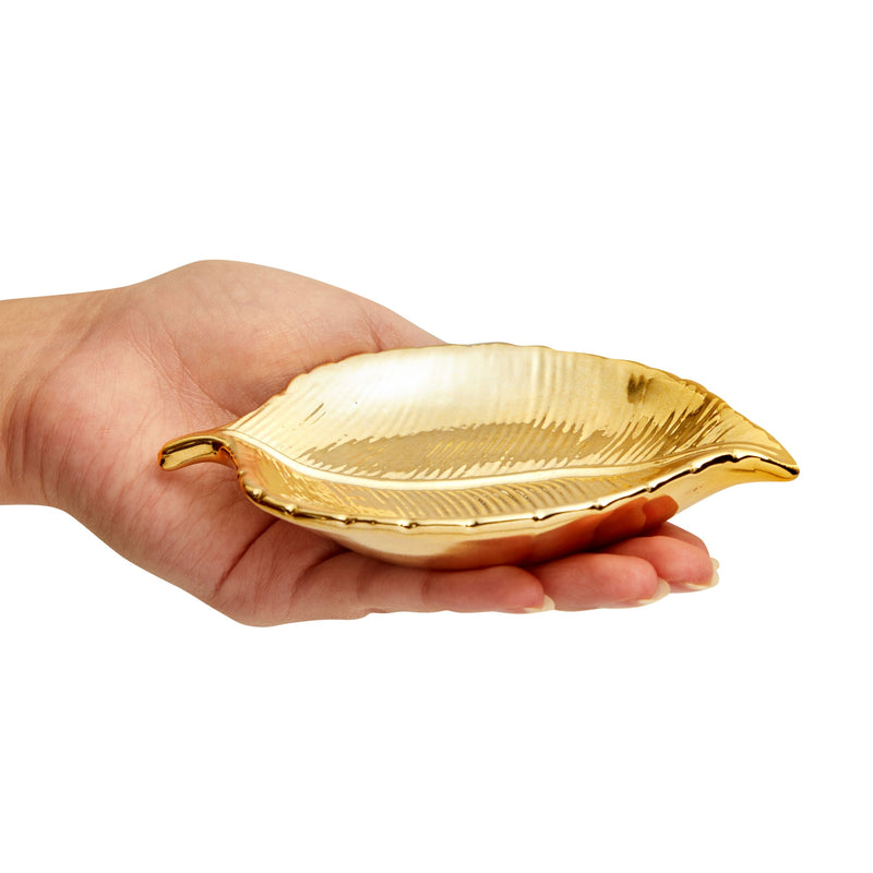 2-Pack Small Gold Leaf-Shaped Trinket Tray, 5.3x3.6x0.8-Inch Ceramic Jewelry Dish