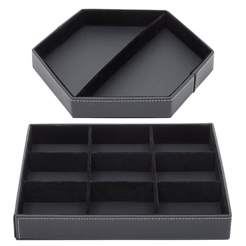 Set of 2 Faux Leather Valet Tray for Men, Customizable Catch All Trays for Keys, Wallet, Watch, Nightstand Drawer Organizer, Key Tray for Entryway Table (2 Shapes, Black)