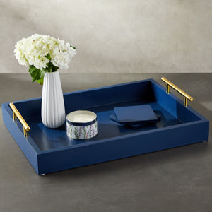 Blue Serving Tray for Coffee Table, 16x12" with Coasters, Decorative Interchangeable Gold and Silver Handles