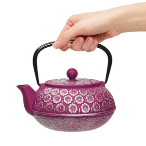 Purple Floral Cast Iron Teapot Kettle with Stainless Steel Loose Leaf Infuser (34 oz)