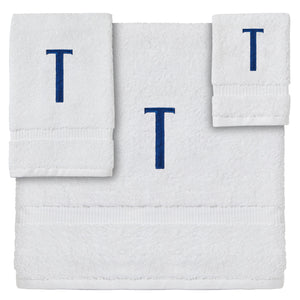 3 Piece Letter T Monogrammed Bath Towels Set, White Cotton Bath Towel, Hand Towel, and Washcloth with Blue Embroidered Initial T for Wedding Gift, Bridal Shower