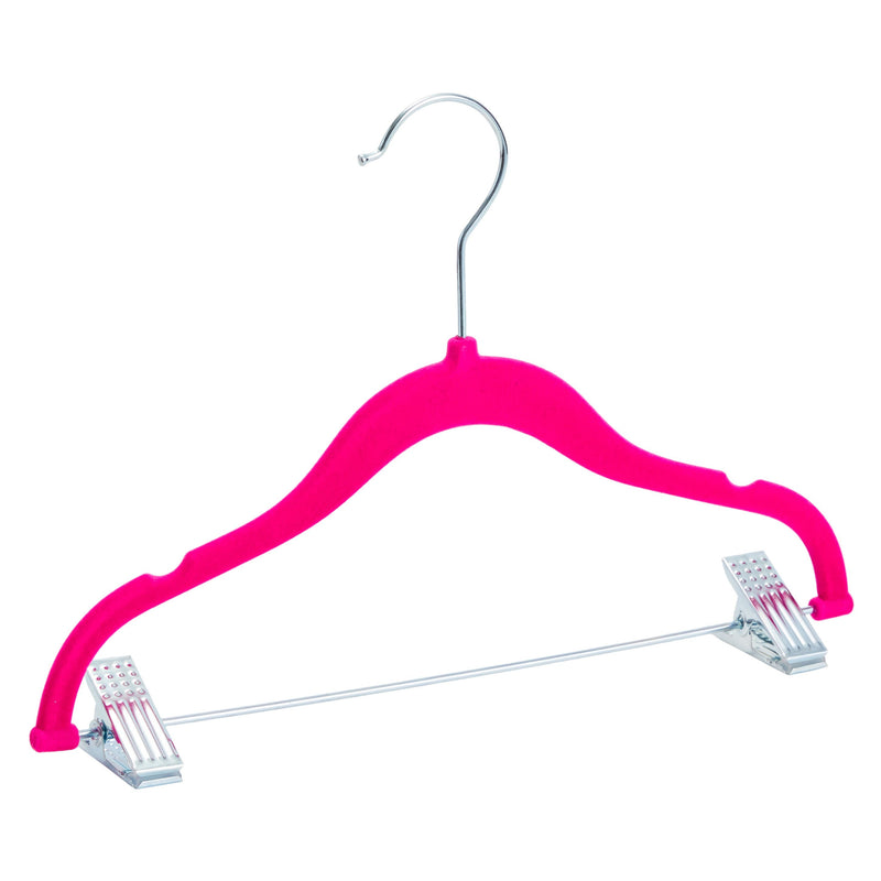 24 Pack Hot Pink Velvet Hangers with Clips for Kids, Baby Nursery, Children's Closet, Dresses, Shirts, Pants, Skirts, Ultra Thin, Nonslip, Space-Saving (12 Inches)