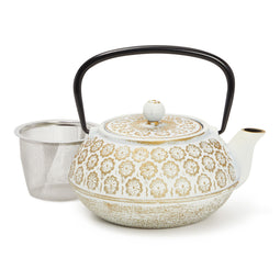 White Floral Cast Iron Teapot Kettle with Stainless Steel Loose Leaf Infuser (34 oz)