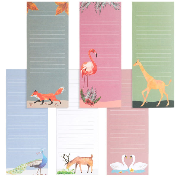 6 Pack Magnetic Notepads for Refrigerator, Grocery Shopping List, To-Do Memos, 6 Animal Designs (6 Colors, 3.5 x 9 In)