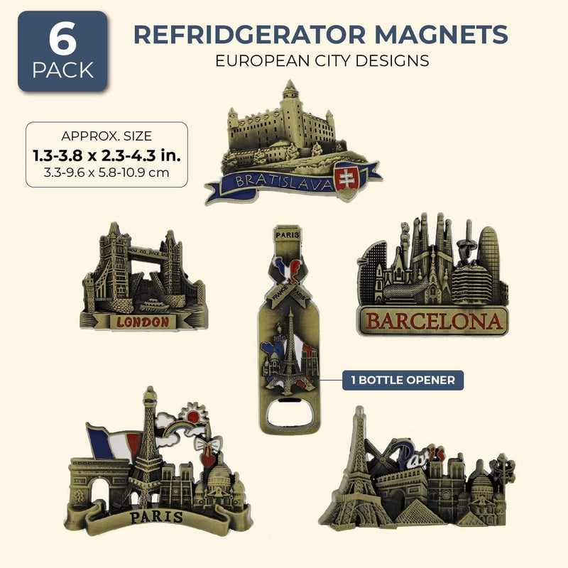 Juvale 6 Pack Refrigerator Magnets Paris, Barcelona, Bratislava, London - Copper
