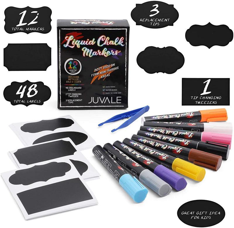 12 Pack Erasable Liquid Chalk Chalkboard Signs Markers for Blackboards Whiteboards Glass Plastic Metal Ceramics Vinyl, with Chalkboard Labels, Tip Changing Tweezer, 3 Replacement Tips, 12 Colors