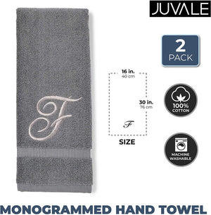 2 Pack Letter F Monogrammed Hand Towels, Gray Cotton Hand Towels with Silver Embroidered Initial F for Wedding Gift, Bridal Shower, Baby Shower, Anniversary (16 x 30 Inches)