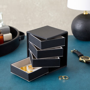 4 Layer Rotating Jewelry Organizer for Men, Women, Small Faux Leather Box for Necklaces, Rings, Earring, Bracelets (Black, 4 x 5 In)