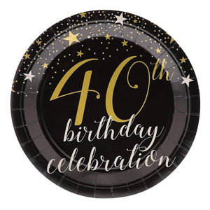 Paper Plates with Gold Stars Design for 40th Birthday Party (Black, 9 In, 80 Count)