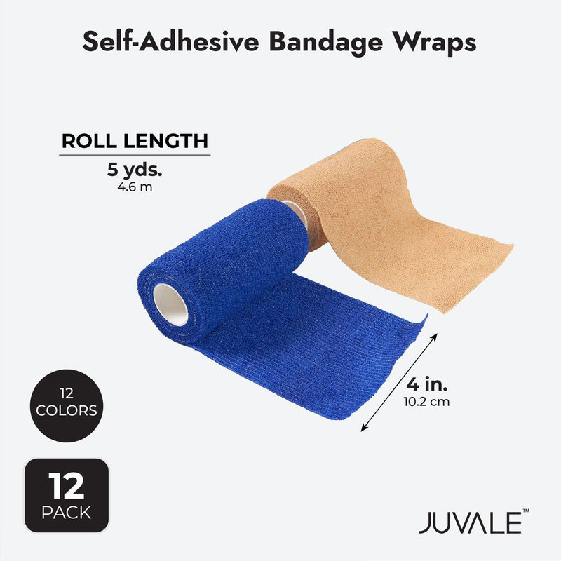 Self Adhesive Bandage Wrap, Cohesive Tape in 12 Colors (4 in x 5 Yards, 12 Pack)