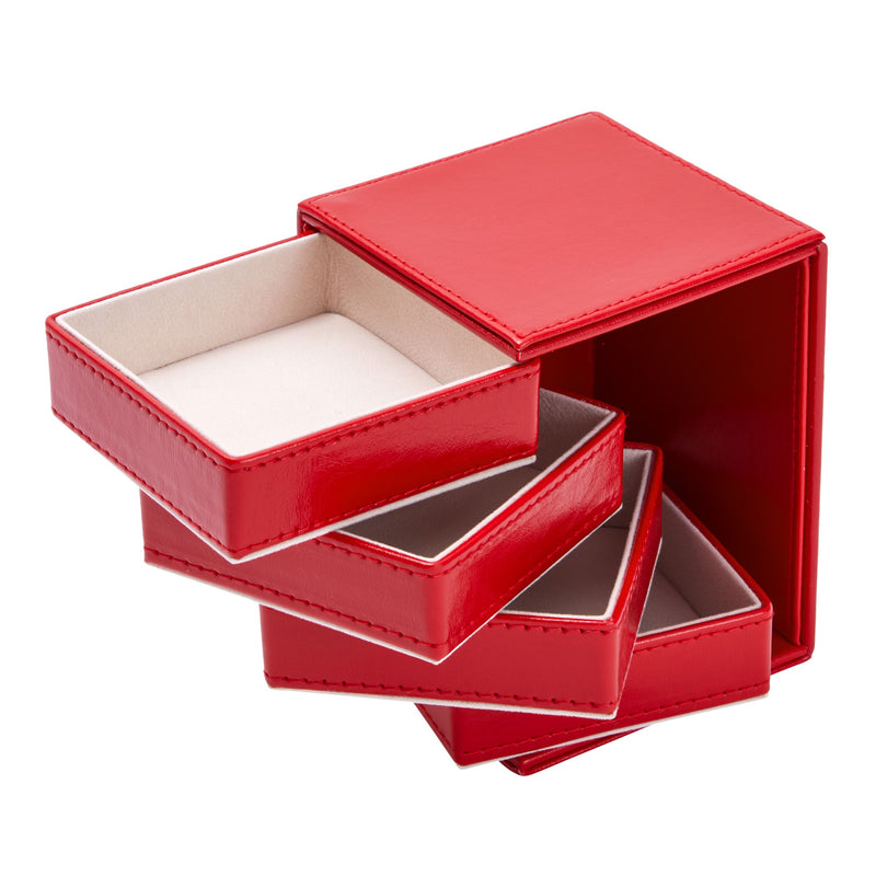 4 Layer Rotating Jewelry Organizer for Men, Women, Small Faux Leather Box for Necklaces, Rings, Earring, Bracelets (Red, 4 x 5 In)