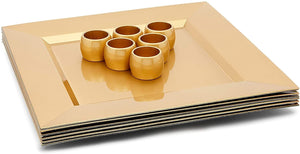 Square Metallic Gold Plastic Charger Plates and Napkin Rings Set (Serves 6)