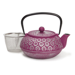 Purple Floral Cast Iron Teapot Kettle with Stainless Steel Loose Leaf Infuser (34 oz)